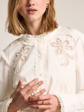 Old Navy Cream x Anna Sui Lace-Trim Button Front Blouse with Floral Appliqué